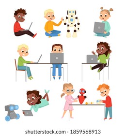 Kids Programmer Characters Set, Boys and Girls Using Computers, Creating and Programming Smart Robots, Electronics Education Concept Cartoon Style Vector Illustration