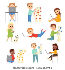 Kids Programmer Characters Set, Boys and Girls Using Computers, Creating and Programming Smart Robots, Kids Educational Projects Cartoon Style Vector Illustration