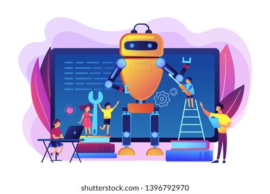 Kids programming and creating robot at class, tiny people. Engineering for kids, learn science activities, early development classes concept. Bright vibrant violet vector isolated illustration