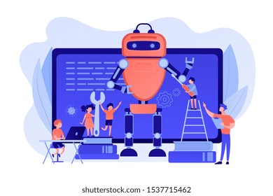 Kids programming and creating robot at class, tiny people. Engineering for kids, learn science activities, early development classes concept. Pinkish coral bluevector isolated illustration