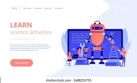 Kids programming and creating robot at class, tiny people. Engineering for kids, learn science activities, early development classes concept. Website homepage landing web page template.