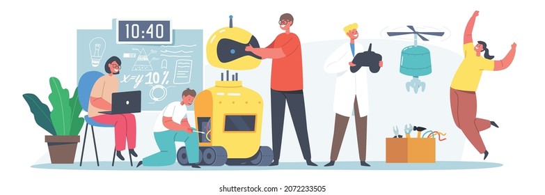 Kids Programming and Creating Robots in Class. Engineering for Kids, Children Learn Science, Mechanic Activities, Early Development Classes Educational Concept. Cartoon People Vector Illustration