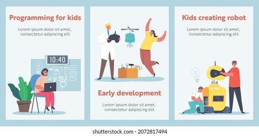 Kids Programming and Creating Robots in Class Cartoon Posters. Engineering for Kids, Children Learn Science, Mechanic Activities, Early Development Classes Education. People Vector Illustration