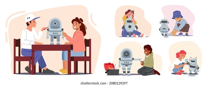 Kids Programming and Creating Robots in Class. Engineering for Kids, Children Learn Science, Mechanic Activities, Early Development Classes Educational Concept. Cartoon People Vector Illustration