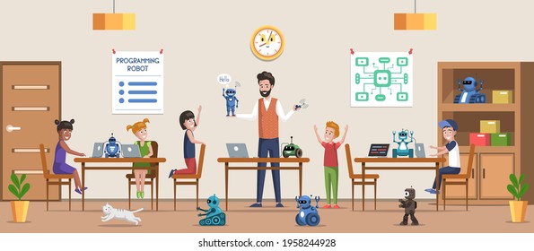 Kids programming robot. Training. School of programming. Vector illustration.