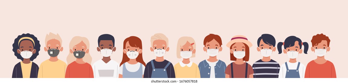 Kids with protection mask flat vector illustrations set. Group of children wearing medical masks to prevent disease, flu, air pollution, contaminated air, world pollution