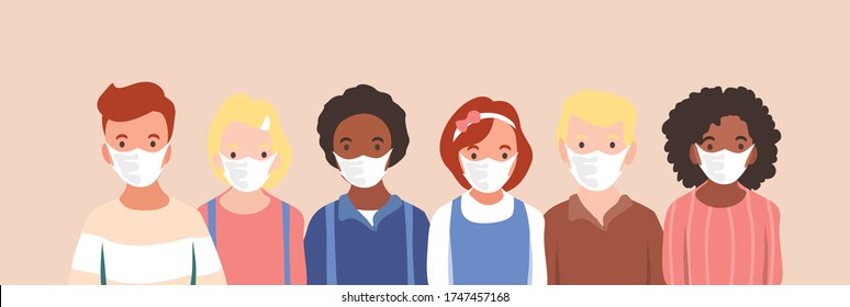 Kids with protection mask flat vector illustrations set. 
Group of children wearing medical masks to prevent disease, 
flu, air pollution, contaminated air, world pollution