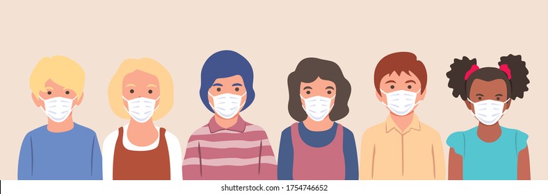 Kids with protection mask flat vector illustrations set. 
Group of children wearing medical masks to prevent disease, 
flu, air pollution, contaminated air, world pollution