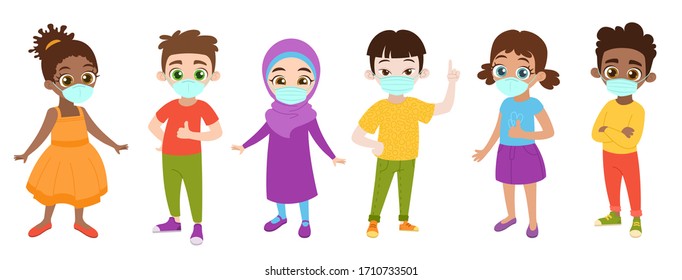 Kids with protection medical face mask to protect and prevent virus, disease, flu, air pollution, contamination, corona. Boy and girl wear mask against smog. Vector illustration.