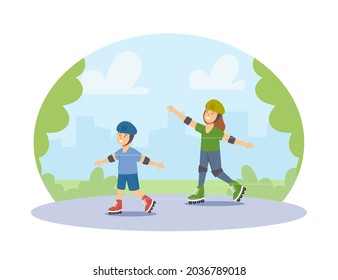 Niños en Cascos Protectores Montando Patines en el Parque de la Ciudad. Caracteres Familiares Infantiles Actividad Al Aire Libre, Recreación Deportiva, Vacaciones De Verano, Ocio De Fin De Semana. Ilustración de vectores de personas de caricatura