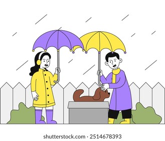 Kids protects dog from rain. Boy and girl with purple and yellow umbrella shelter cat and dog from rain in autumn fall season. Kindness and generosity. Linear vector illustration