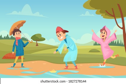 Kids in puddles. Seasonal background with happy peoples in raincoats and umbrellas raining environment cartoon vector illustration