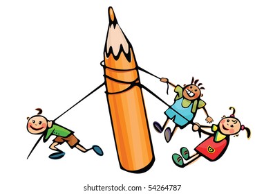Kids are  pulling big pencil.
