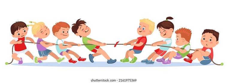 Kids pulling rope. Children teams playing tug of war. Groups sport game competition. Powerful challenge. Friends rivalry. Happy boys and girls fun battle. Strength