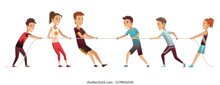 Kids pulling rope. Team game tug of war, children groups competition, happy boys and girls play outdoors, equal and counteracting forces. Team sport or battle