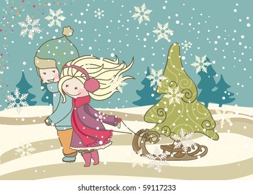 kids pulling sled with christmas tree