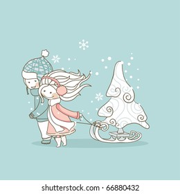 kids pulling sled with christmas tree