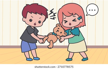 Niños tirando del conflicto del oso de peluche y compartiendo. Perfecto para materiales educativos, recursos de crianza, gráficos de comportamiento, aprendizaje social y emocional, compartir lecciones, libros de cuentos y visuales en el aula.