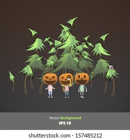 Kids with pumpkin inside forest. Vector design. 