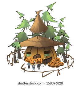 Kids with pumpkins on house. Vector design. 