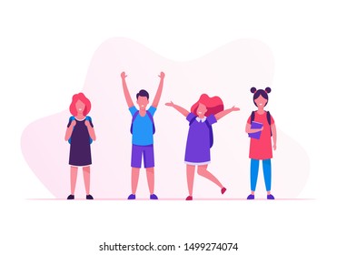 Kids Pupils With Backpacks Rejoice With Hands Up Standing In Row. Group Of Children Come To School To Get Education. Happy Crowd Of Classmates Girls And Boys In Line Cartoon Flat Vector Illustration