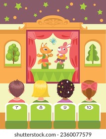 Kids puppets show. Spectators watch entertainment performance. Theater stage. Actors perform in front of children. Marionette dolls. Curtains and decorations. Splendid