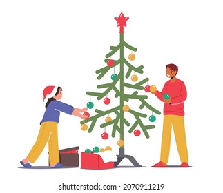 Kids Put Toys on Beautiful Fir Tree, Children Decorate Home for Christmas and New Year Holidays Celebration, Happy Family Decorating Room Isolated on White Background. Cartoon Vector Illustration