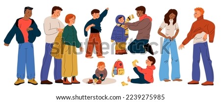 Kids putting clothes. Cute people dressing. Woman fitting jeans. Men wear warm sweater and jacket. Baby trying on socks and boots. Parents help children get dressed ストックフォト © 