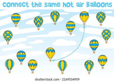 Kids puzzle. Connect the same hot air balloons. Funny vector illustration