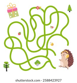 Kids puzzle game with hedgehog and gift. Little hedgehog find present for birthday. Children maze for kindergarten or preschool break, vector location