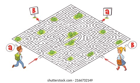 Kids puzzle maze. Cartoon characters. Funny vector illustration. Isolated on white background