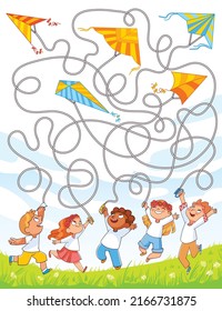 Kids Puzzle Maze. Children Fly Kites Into The Sky. Funny Cartoon Character. Vector Illustration