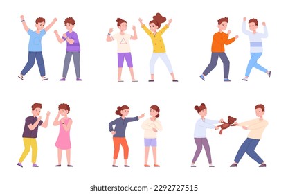 Kids quarrel. Brothers angry behavior, sibling conflict teasing child fight kid offended cry sister in playground, boy shouting on children, splendid vector illustration of behavior angry and quarrel