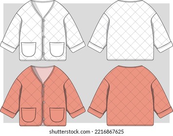 Kids Quilted Roll Up Sleeve Shirt Flat Sketch