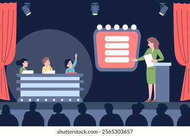 Kids quiz show. Children playing intellectual game, stand on stage with presenter. Girl answer on question, media entertainment competition, recent vector scene