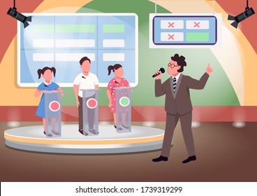 Kids quiz show flat color vector illustration. Game host and smart children 2D cartoon characters with stage on background. Educational childish contest, brain games. Entertainment program