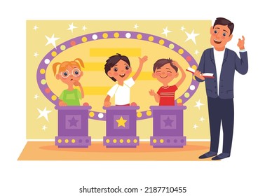 Kids quiz TV show. Children erudition competition. Smart boys and girls. Television program. Training game broadcasting. Host asks questions. Educational contest. Splendid