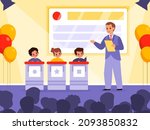 Kids quiz TV show. Intellectual game contest. Young players stand behind pulpits and answer questions of presenter in studio. Children tournament television broadcast. Vector concept