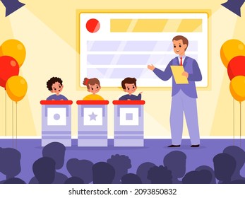 Kids quiz TV show. Intellectual game contest. Young players stand behind pulpits and answer questions of presenter in studio. Children tournament television broadcast. Vector concept