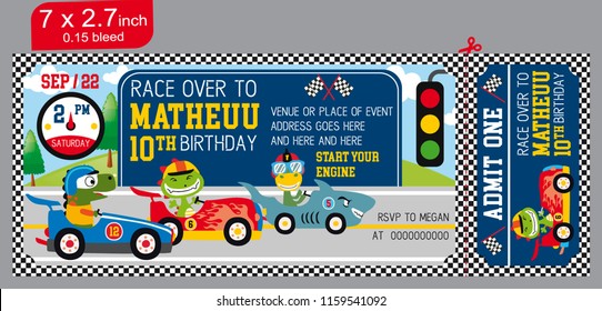 Kids In Race Car. Ticket Invitation Birthday. Racing Party. Car Race Invite. Ticket Blue