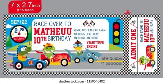 Kids in Race Car. Ticket invitation birthday. Racing Party. Car race invite. ticket white