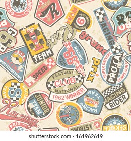 Kids racing badges patchwork - Seamless vector pattern in custom colors, grunge effect in separate layers.