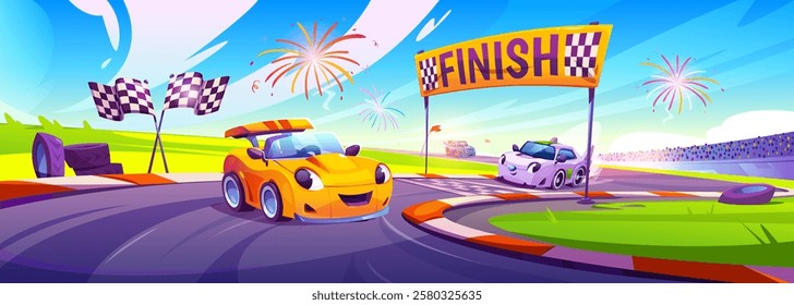 Kids racing cars cartoon scene with smiling automobiles on track, crossed checkered flags, finish banner and fireworks in blue sky. Road trace with competition participants approaching final line.