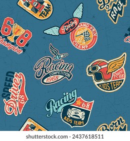 Kids racing team badges patchwork wallpaper vintage vector seamless pattern for children wear fabric shirt sweatshirt pajamas grunge effect in separate layer