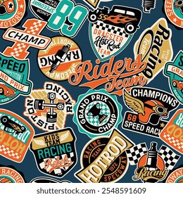 Kids racing team badges patchwork wallpaper vintage vector seamless pattern for children kid sport wear fabric shirt sweatshirt pajamas