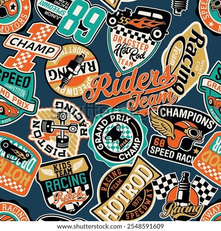 Kids racing team badges patchwork wallpaper vintage vector seamless pattern for children kid sport wear fabric shirt sweatshirt pajamas