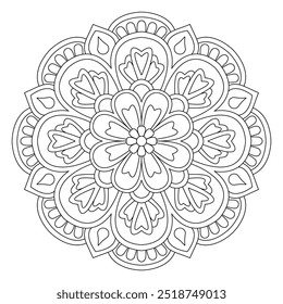 Crianças Radiante Pétalas Pacíficas colorir livro mandala design de página, design de tatuagem, arte de parede, arte mandala simples, Design para um papel de parede Camisa de pintura e azulejo Projeto adesivo, arquivo vetorial