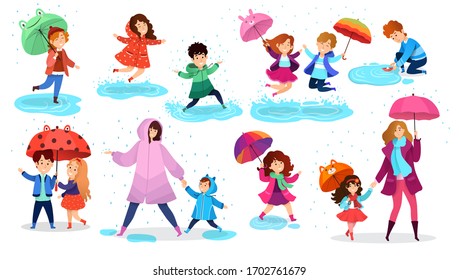 Kids in rain, happy children with umbrella, set of isolated cartoon characters, vector illustration. Cute boys and girls jumping in puddles, people having fun in rainy day. Children enjoy rain weather