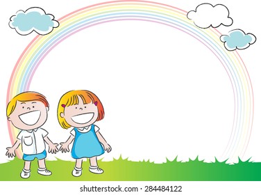 kids with rainbow in the background