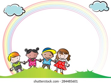 kids with rainbow in the background